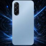 الظهر الخلفي لهاتف سامسونج Galaxy A17 باللون الأزرق الفاتح مع توضيح مواصفات الهاتف