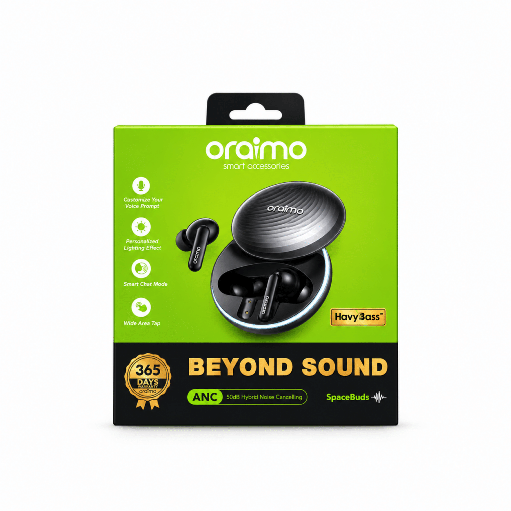 سماعات oraimo SpaceBuds اللاسلكية مع علبة الشحن باللون الأسود
