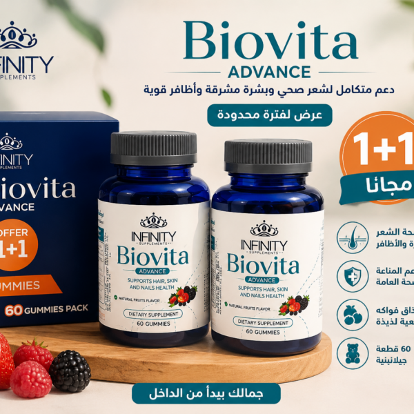 عبوتان وصندوق مكمل غذائي بيوفيتا أدفانس Biovita ADVANCE قطع جيلاتينية عرض 1+1 مجاناً