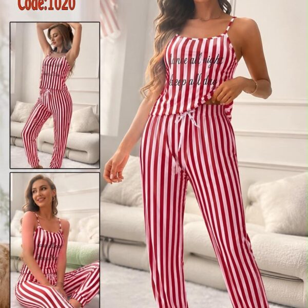 طقم ملابس منزلية نسائي قطعتين توب وبنطال مخطط أحمر وأبيض كود 1020 FAMILY HOME WEAR