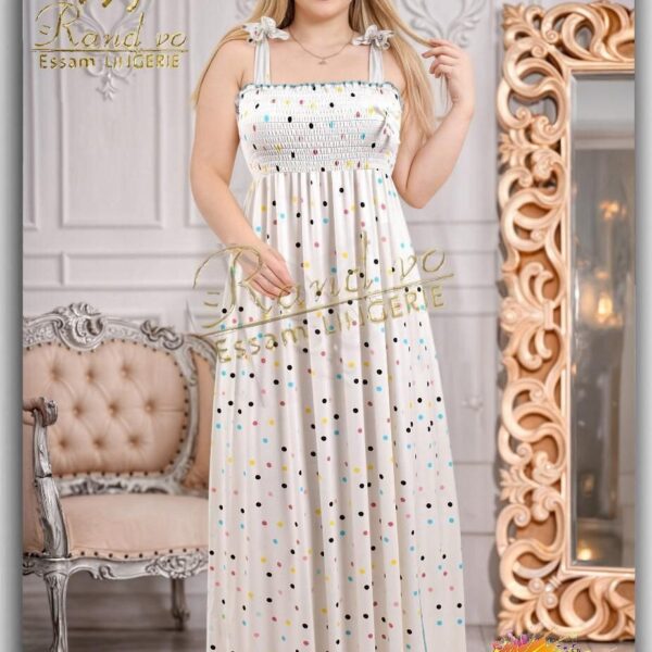 فستان نوم طويل باللون الأبيض المنقط بطلاء ملون من Rand vo Essam Lingerie موديل 01113