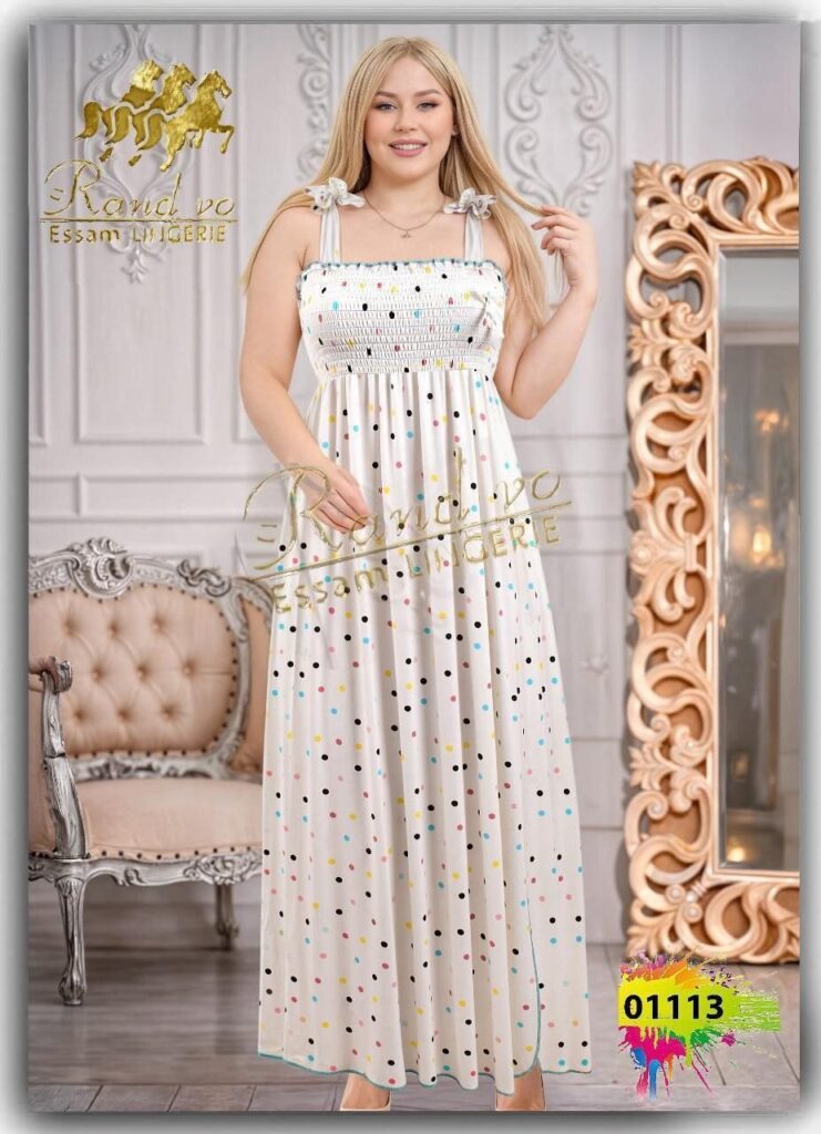 فستان نوم طويل باللون الأبيض المنقط بطلاء ملون من Rand vo Essam Lingerie موديل 01113