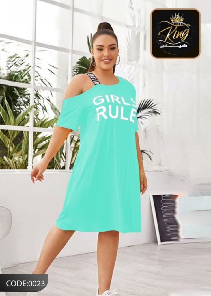 فستان نسائي كاجوال بأكتاف مكشوفة وطبعة GIRLS RULE كود 0023 ماركة كينج