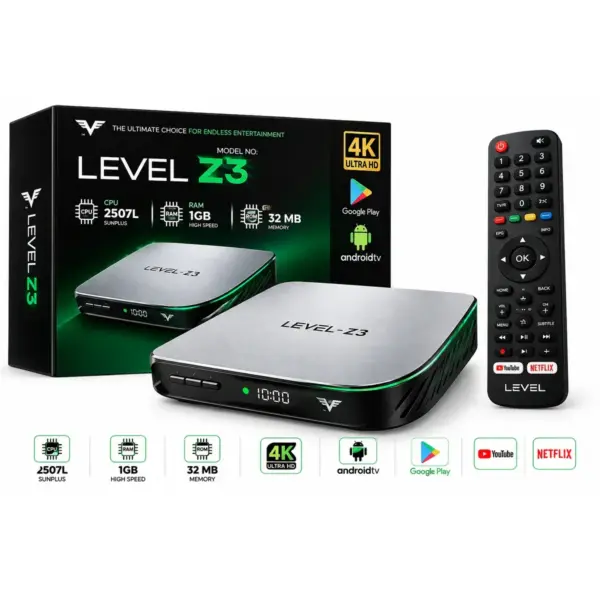 جهاز Level Z3 Android TV Box 4K - RAM 1GB/ROM 32MB - فضي