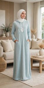 فستان منزلي دافئ بقلنسوة وجيوب جانبية وطبعة Magical style