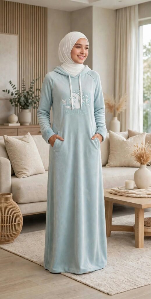فستان منزلي دافئ بقلنسوة وجيوب جانبية وطبعة Magical style