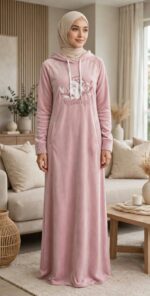 فستان منزلي دافئ بقلنسوة وجيوب جانبية وطبعة Magical style