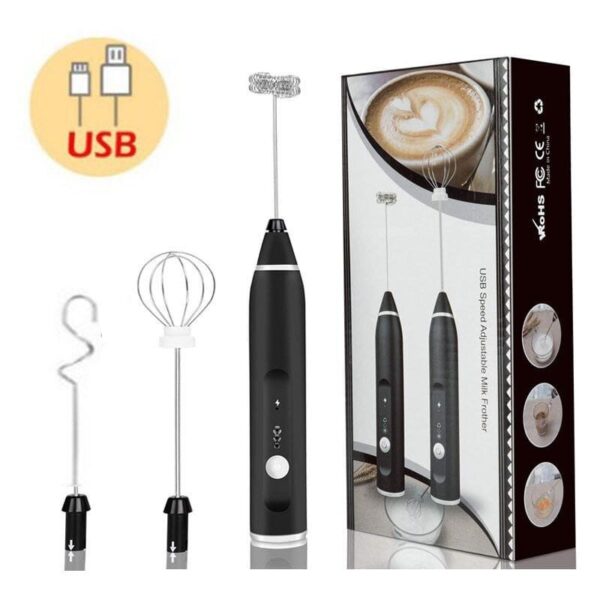 مضرب ورغوة حليب كهربائي قابل للشحن عبر USB (USB Rechargeable Milk Frother & Whisk) ومزود برؤوس متعددة الاستخدامات