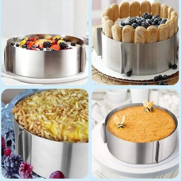 قالب التورتة والاستيل القابل للتعديل (Adjustable Cake Ring)، وهو أداة عملية واحترافية جداً لصناعة الكيك والتورتات بمقاسات مختلفة
