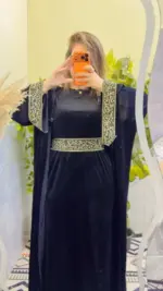 عباية سلطانة شتوية قطيفة حريمي - لون أسود ونبيتي